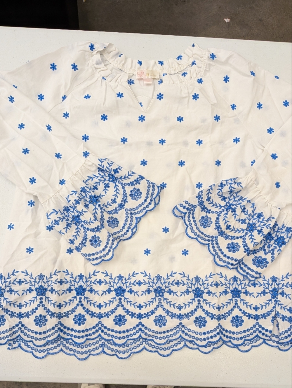 Embroidered Blouse Women L White Blue Floral Boho Long - Picture 6 of 8